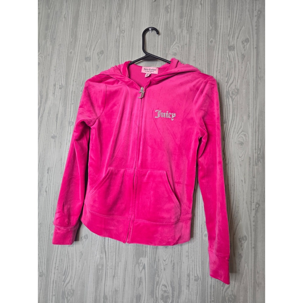 Juicy Couture Hot Pink Velour Zip Up Hoodie Rhinestone Logo XS Y2K McBling